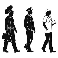 Chef police officer and doctor silhouettes black white