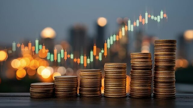 Stacks of coins arranged in ascending order with a cityscape and financial chart in the background.
