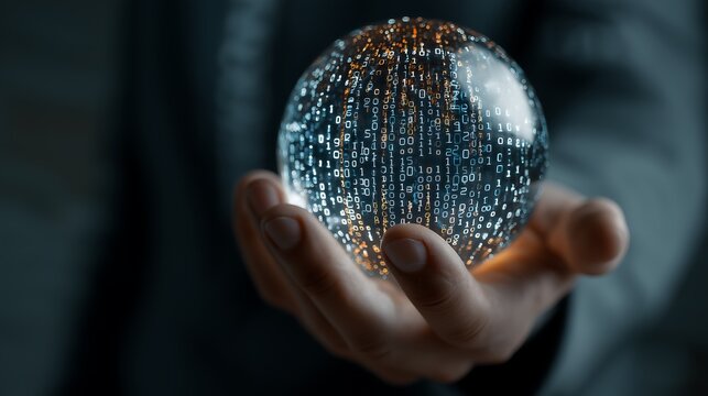 Hand holding a glowing sphere of binary code representing digital data and technology