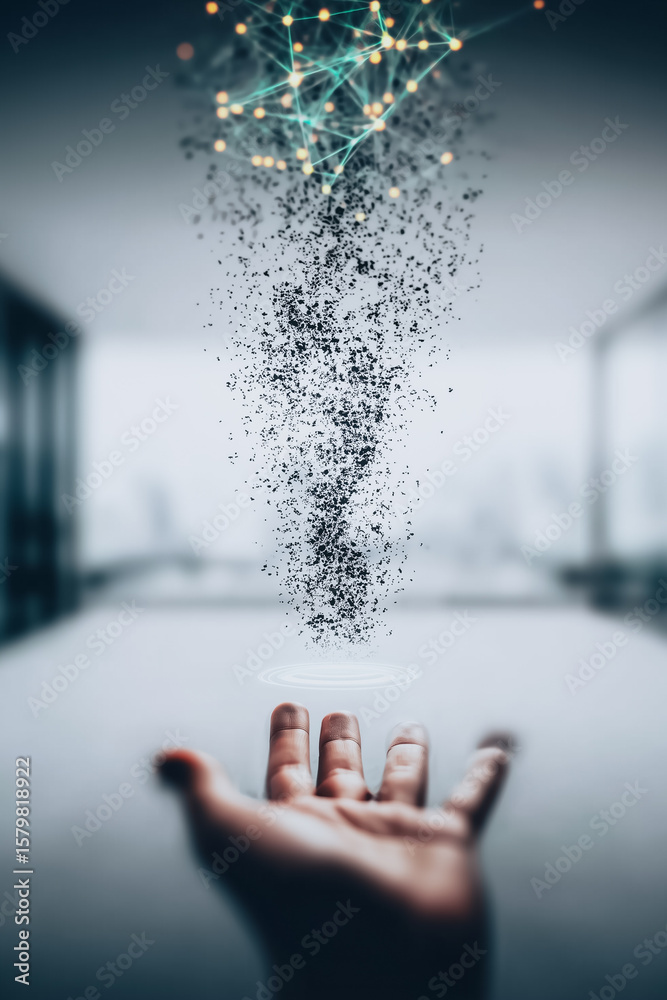 Poster abstract networking hand: an open hand reaching up towards a cascade of data particles and illuminat