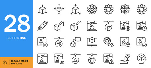 3D Printing icon set. Industrial AI platform vector icons. Single line art for data, 3D cube model, 2D/3D monochrome graphics. Editable SVG.