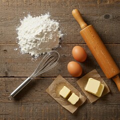 Flatlay of Baking Ingredients and Tools Arranged on Rustic Wooden Surface