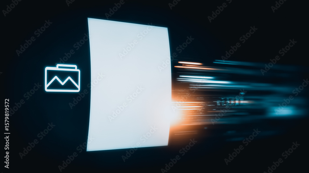 Poster digital data stream: a file icon glows adjacent to a white document icon, illuminated by a stream of