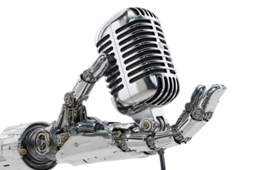 Robotic hand holding vintage microphone.