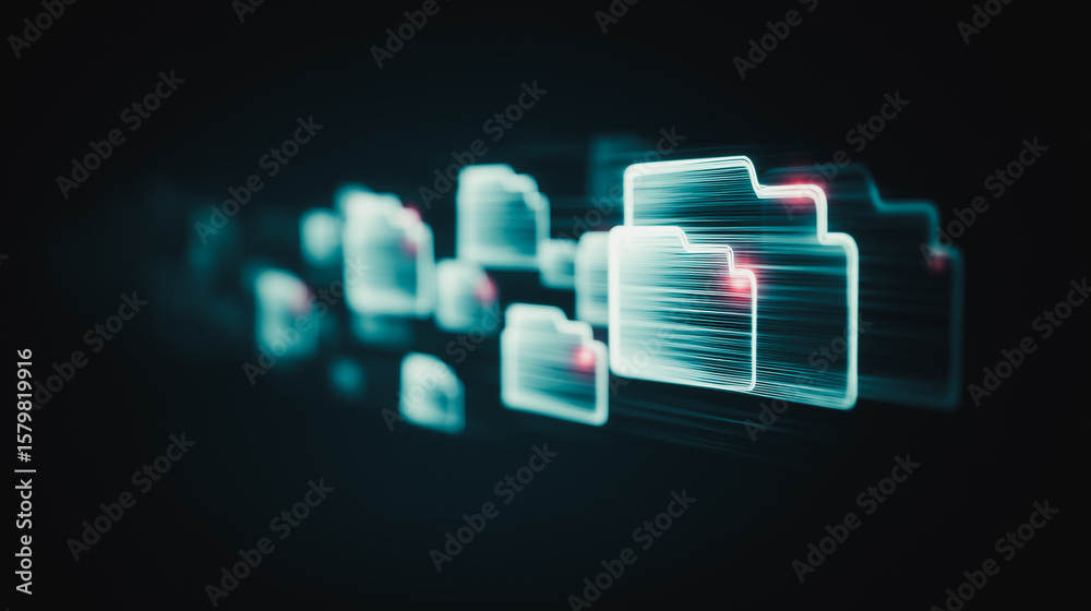 Poster digital file: an ethereal digital landscape composed of glowing folder icons in a dark environment, 