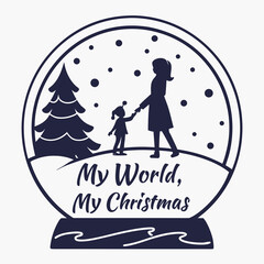 Silhouette of Mother and Child in a Christmas Snow Globe Scene