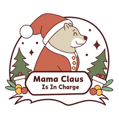 Cute Mama Claus Bear Illustration with Christmas Trees and Presents