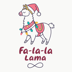 Festive Christmas Llama Wearing Santa Hat and Lights with Fa la la Lama Text