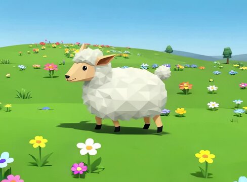 A sheep trots across a rolling grassy hill under a bright sunny sky surrounded by blooming wildflowers
