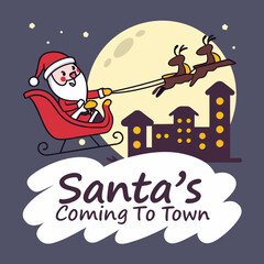 Cartoon Santa Claus Sleigh Ride with Reindeer over City at Night