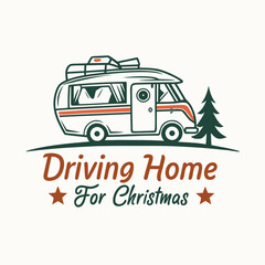 Vintage Camper Van Driving Home for Christmas Holiday Illustration Design