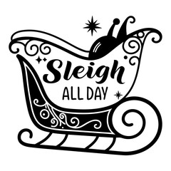 Festive Sleigh All Day Holiday Vector Illustration in Black and White