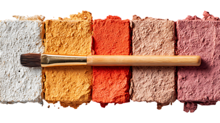 Ultra-realistic flat lay of a makeup brush over textured colorful paint blocks, clean white background. Emphasis on texture, precision, and commercial color contrast.