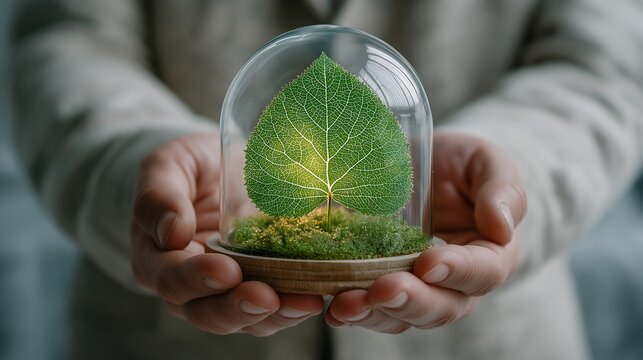 Hands carefully holding a miniature terrarium with a glowing green leaf and moss