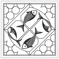 Four black fish swimming in a patterned frame tessellation black and white