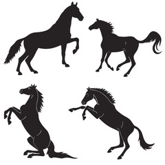 Four black horse silhouettes in various poses galloping standing