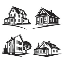 Four black house icons with porches and trees home building