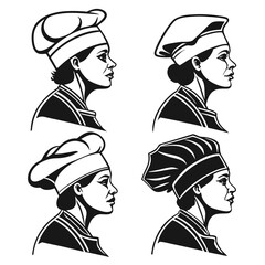 Four female chef profiles wearing traditional hats and aprons culinary cooking