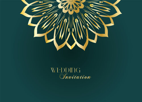 Elegant Gold Mandala Wedding Invitation Template on Dark Green Background