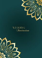Elegant Gold Mandala Wedding Invitation Template on Dark Green Background
