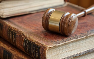Wooden Gavel Resting on Antique Law Books, Symbolizing Justice and Legal Proceedings