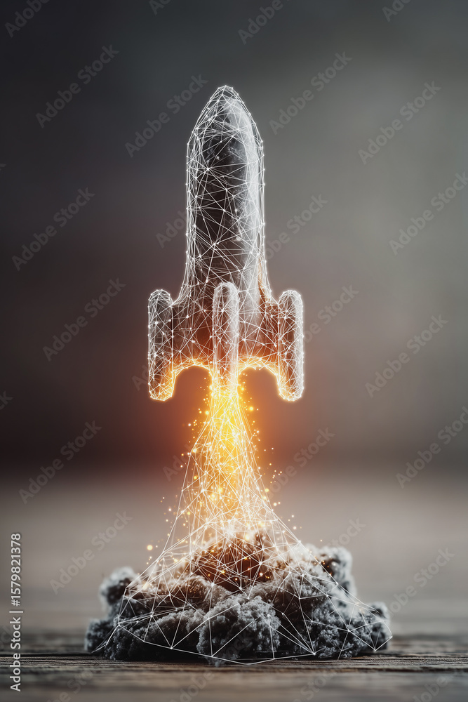 Poster rocket launch: a conceptual image depicting a rocket blasting off from a pile of dust, symbolizing t