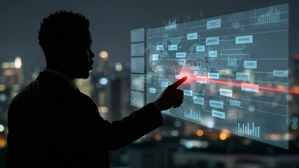 Businessman interacting with digital data in cityscape - Powered by Adobe