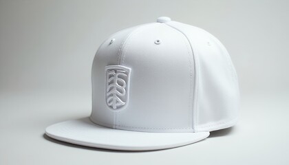 Fototapeta premium White Flat Brim Baseball Cap with Embroidered Logo