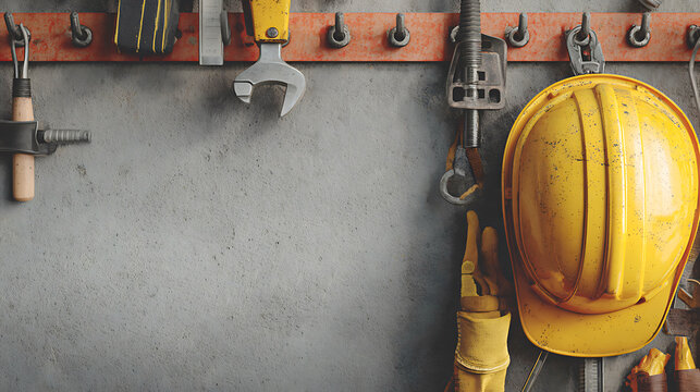 Yellow hard hat and work gloves hang on a hook next to tools on a textured concrete wall