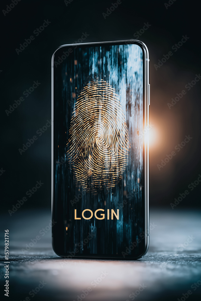 Poster secure access: a close-up shot of a modern smartphone showcasing a fingerprint authentication login 