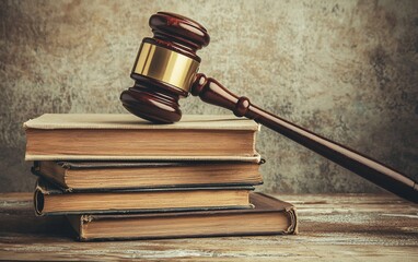 Wooden Gavel Resting on Stack of Old Books, Legal Justice Concept