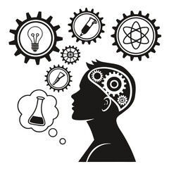 Human head silhouette with gears and scientific symbols innovation invention