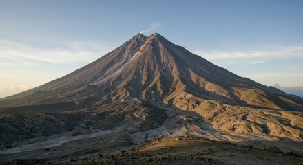 Obraz premium Majestic volcano summit with plume of smoke against a clear blue sky