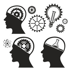 Human head silhouettes with gears lightbulb atom and flask profile