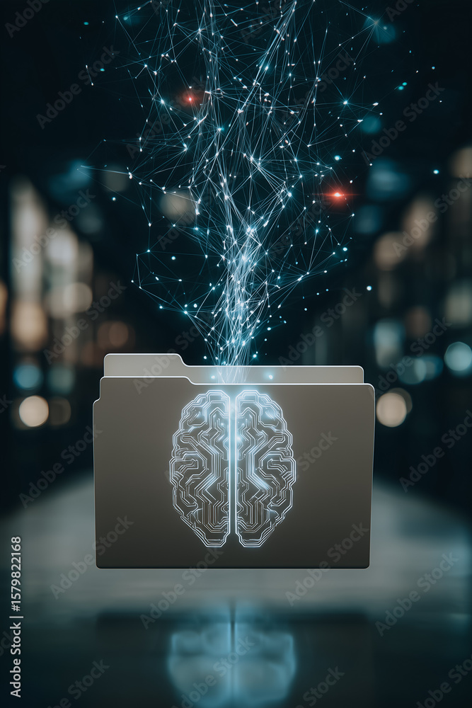 Poster digital brainpower: a folder with a brain symbol emits glowing network of interconnected data nodes,