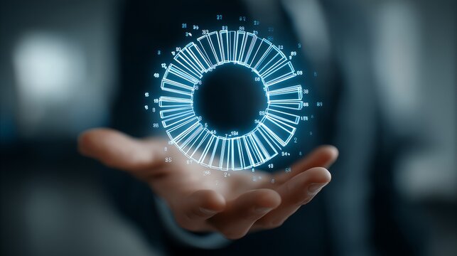Human hand holding a glowing blue circular data visualization with numbers - Powered by Adobe