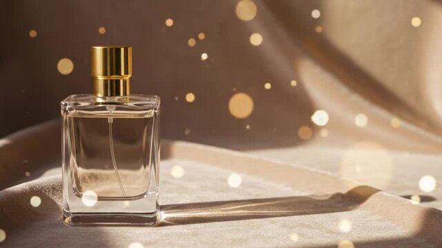 Luxury perfume bottle on beige fabric