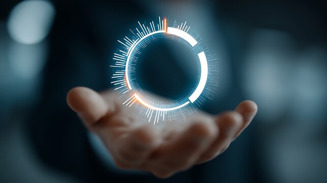 Futuristic circular interface hologram projected from a person s open hand