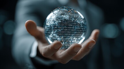 Hand holding a glowing sphere made of binary code representing digital data