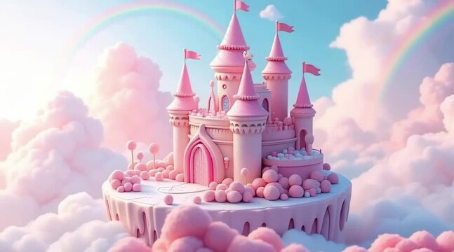 A pink castle floats through fluffy clouds as rainbows arc across the sky.