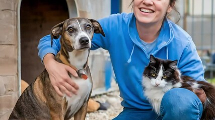A happy person affectionately interacts with a domestic dog and cat outdoors, showcasing interspecies bonding and animal welfare - Powered by Adobe