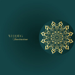 Elegant Gold Mandala Wedding Invitation Template on Dark Green Background