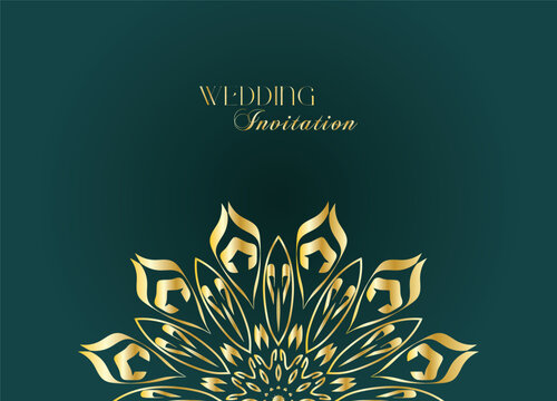 Elegant Gold Mandala Wedding Invitation Template on Dark Green Background