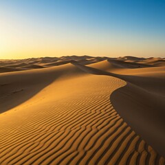 Desert Landscape with Sand Dunes and Deep Blue Sky at Golden Hour