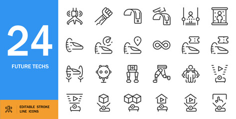 Future tech icon set. VR gaming vector icons pack. Includes robotic arms, game controllers, infinity symbol, play button and more. Minimalist line art illustrations. Editable vector stroke.