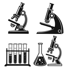 Microscopes test tubes and flask silhouettes laboratory science