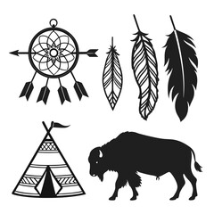 Native american cultural silhouettes buffalo teepee feathers arrow bison © Akshay