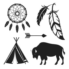 Native american cultural icons dreamcatcher feathers arrow teepee bison vector © Akshay
