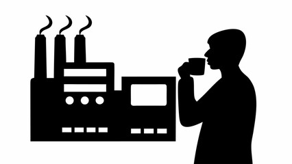 Fototapeta premium Silhouette of a man drinking coffee next to a factory with smoke stacks in black and white image