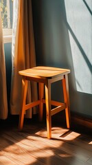 Wooden Stool Bathed in Sunlight Near Window with Flowing Curtains